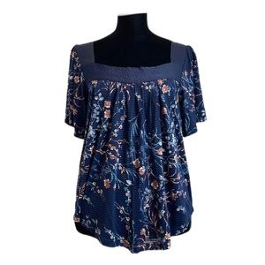 LUCKY BRAND Shadow Stripe Floral Print Peasant Top in Navy Blue Multi Size S